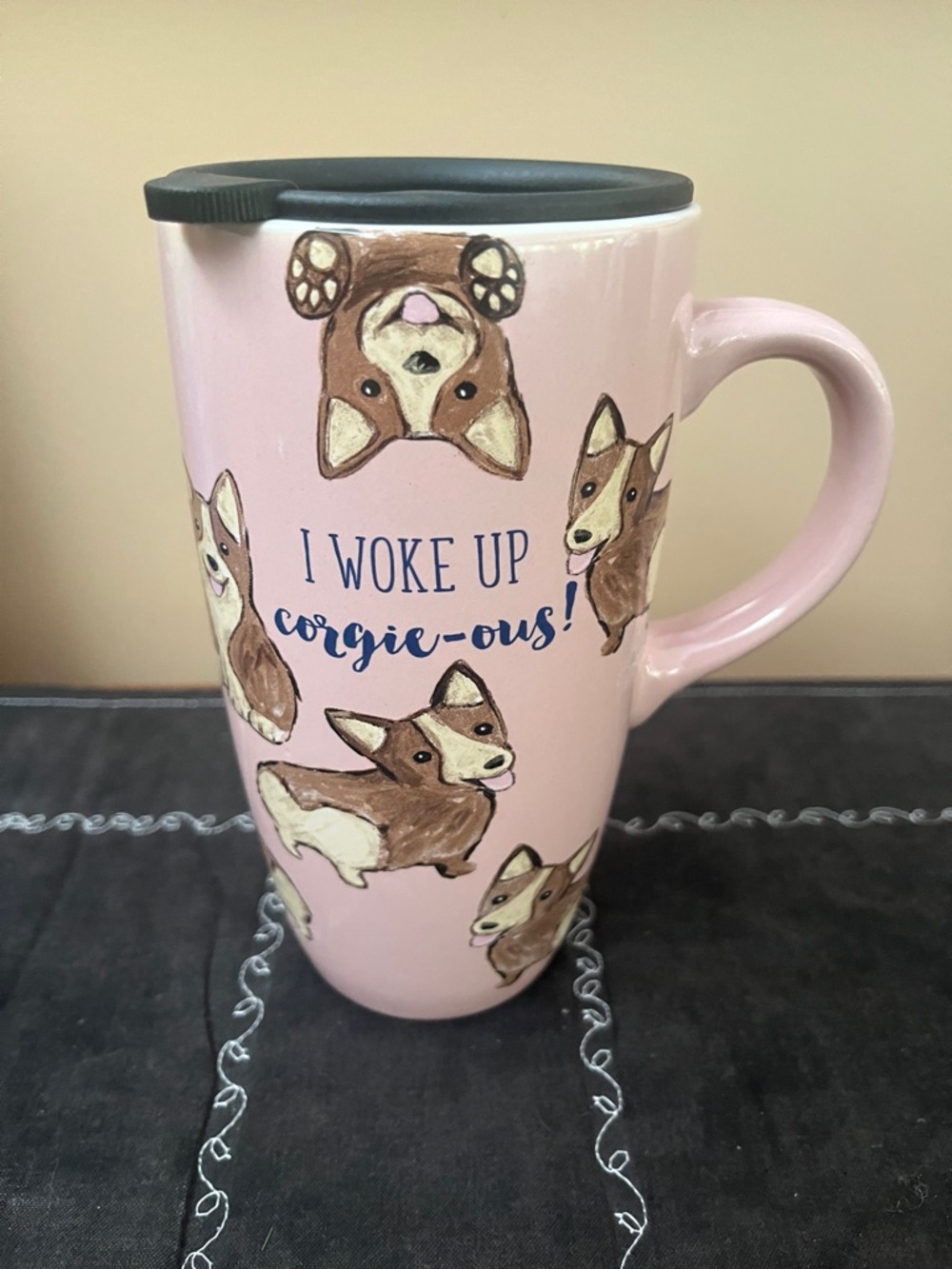 NWOT Pink 'I Woke Up Corgie-ous' Ceramic Travel Mug